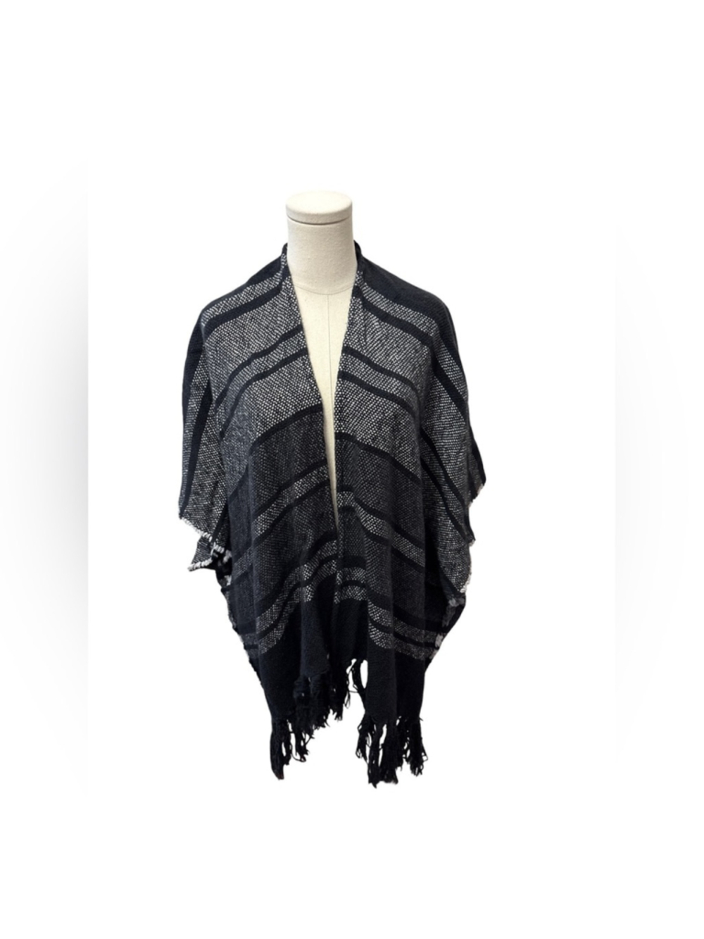 Bohemian Black and Gray Fringed Poncho - OS